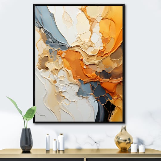 Designart "Orange Blue Line Art Abstract Expressionism" Line Art Framed Wall Decor